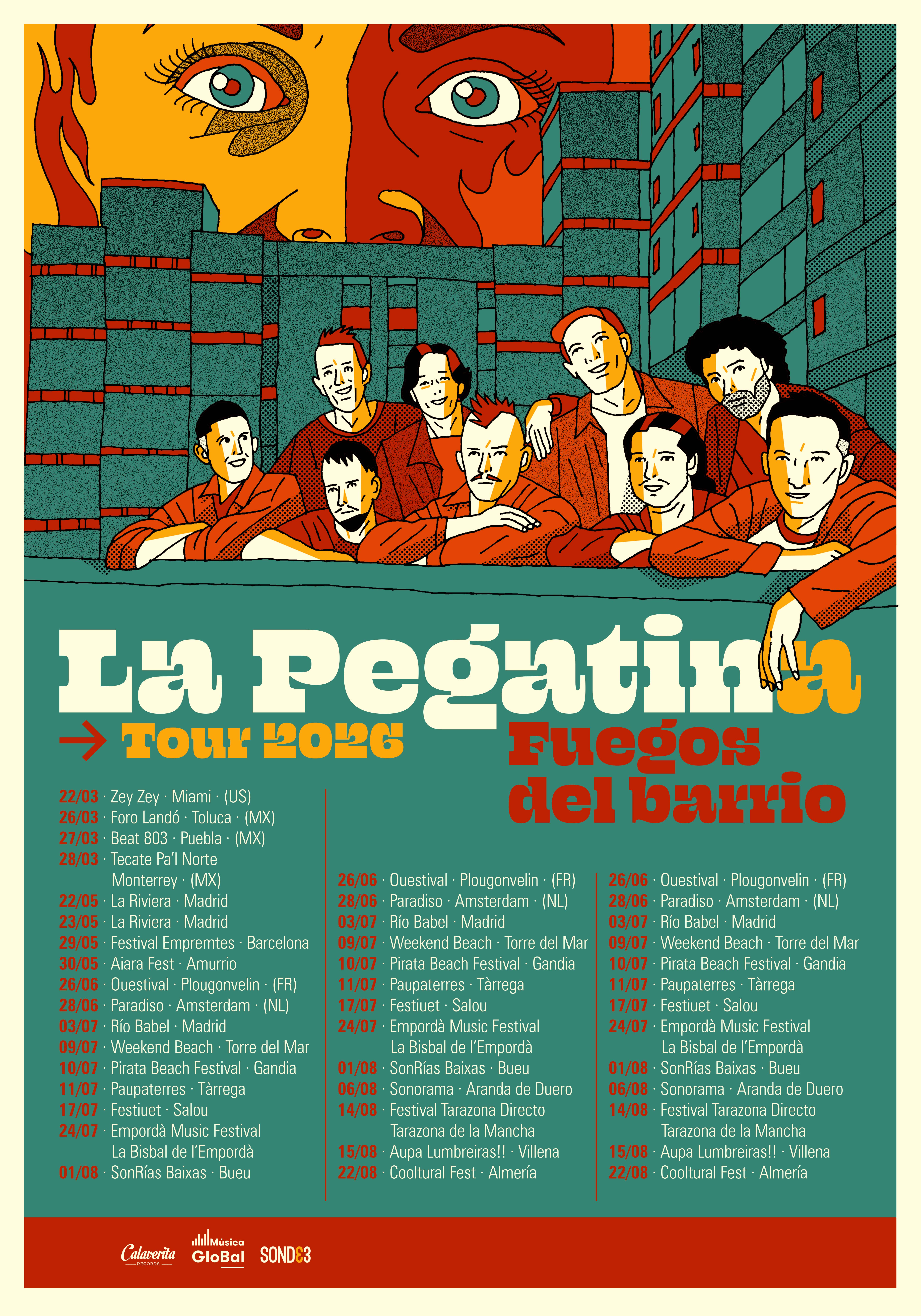 Cartel de gira de La Pegatina con motivo de su álbum 'Fuegos del Barrio'